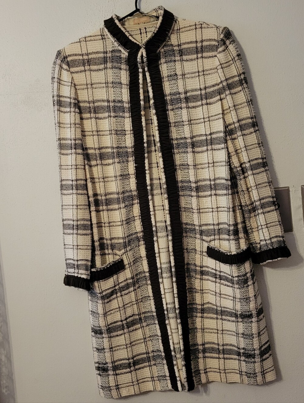 St John Knit Plaid Long Cardigan - ivory, brown